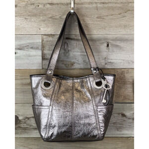 FOSSIL Long Live Vintage Silver Metallic Distressed Leather Hathaway Tote Bag